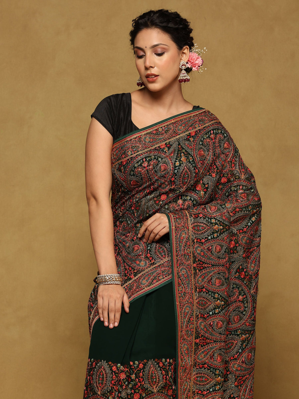 Bottle Green Embroidered Georgette Saree