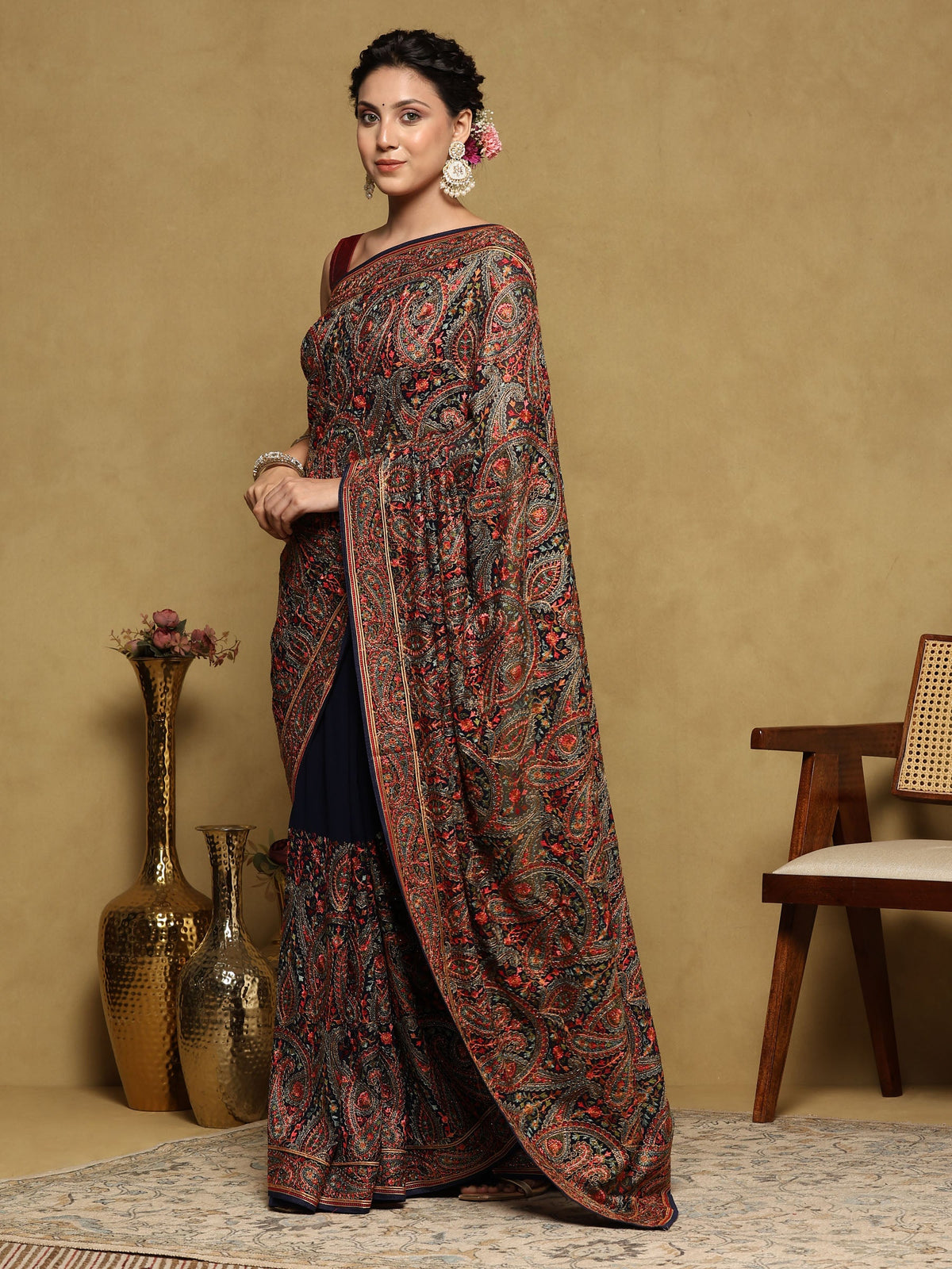 Navy Blue Embroidered Georgette Saree