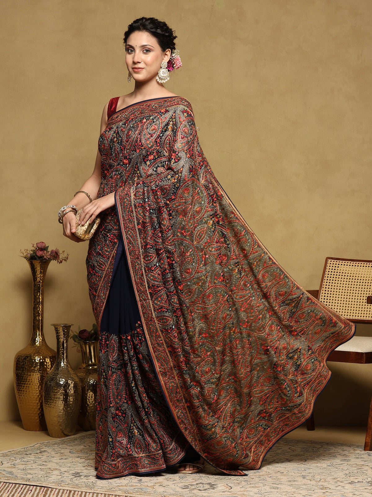 Navy Blue Embroidered Georgette Saree