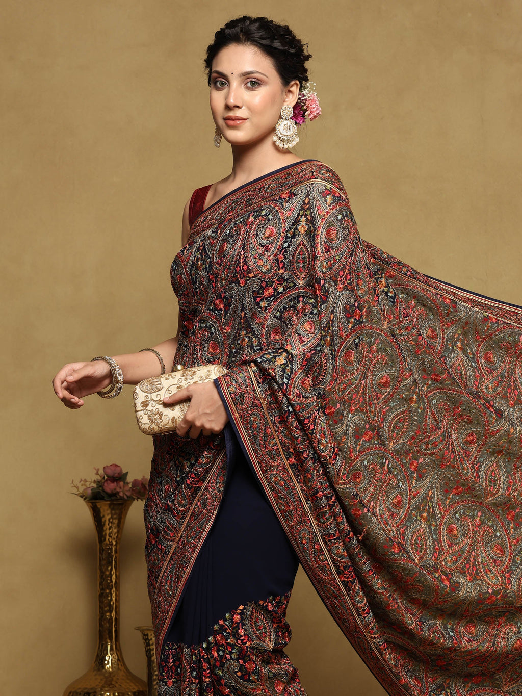 Navy Blue Embroidered Georgette Saree