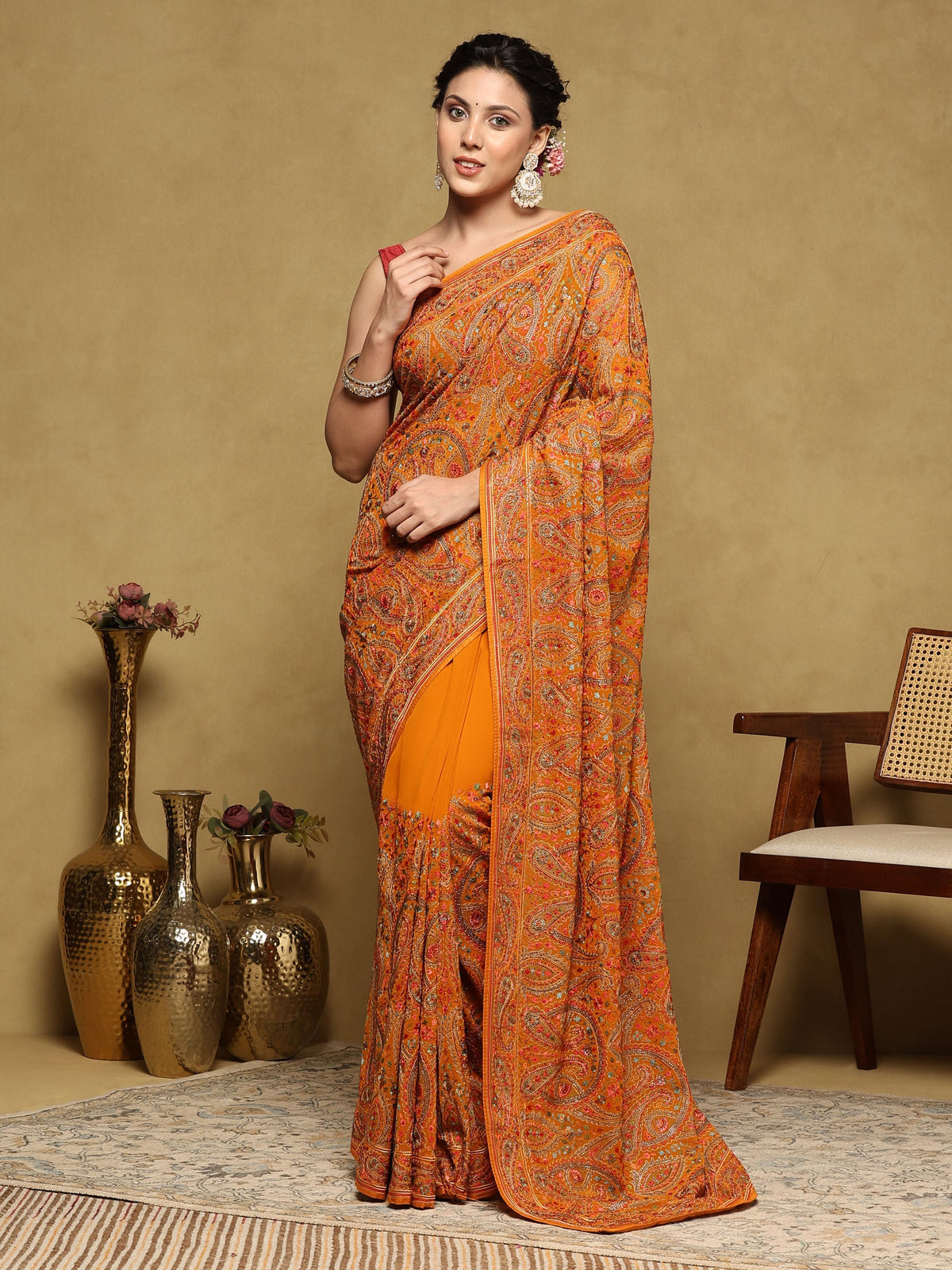 Orange Embroidered Georgette Saree