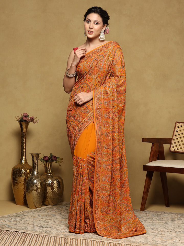 Orange Embroidered Georgette Saree