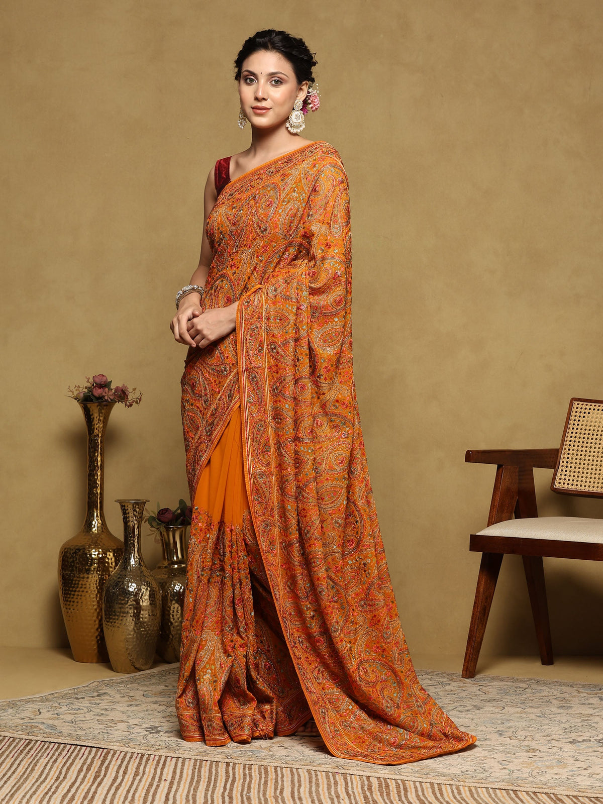 Orange Embroidered Georgette Saree