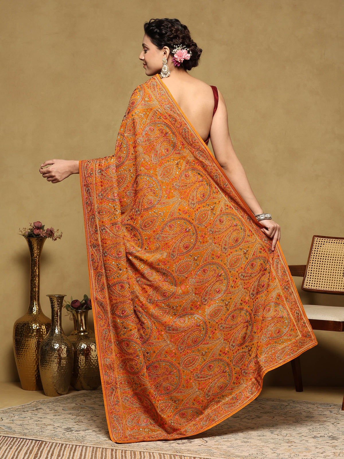 Orange Embroidered Georgette Saree