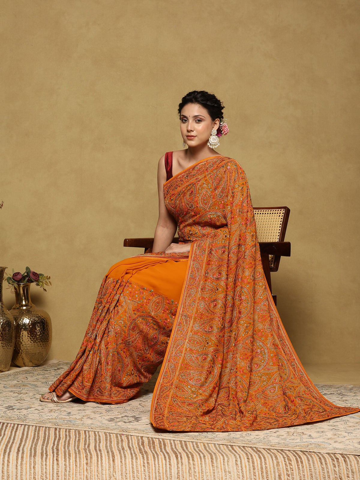Orange Embroidered Georgette Saree