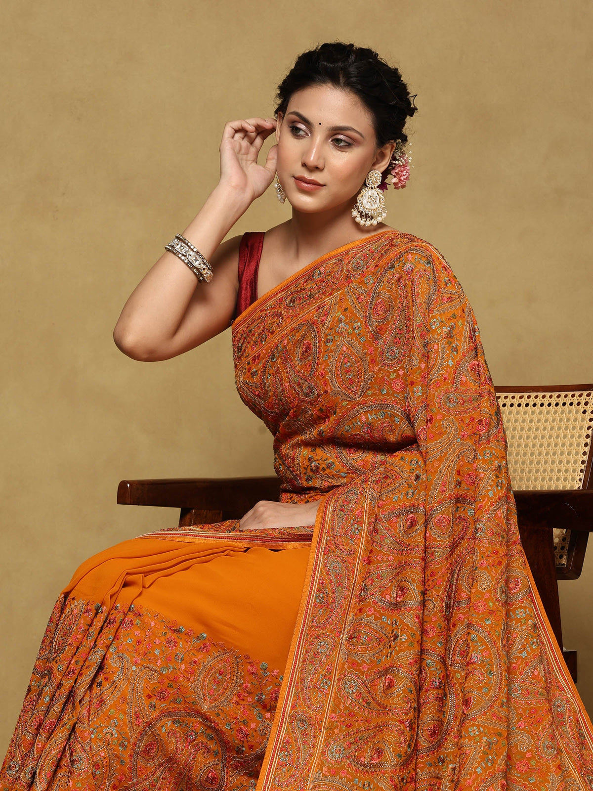 Orange Embroidered Georgette Saree