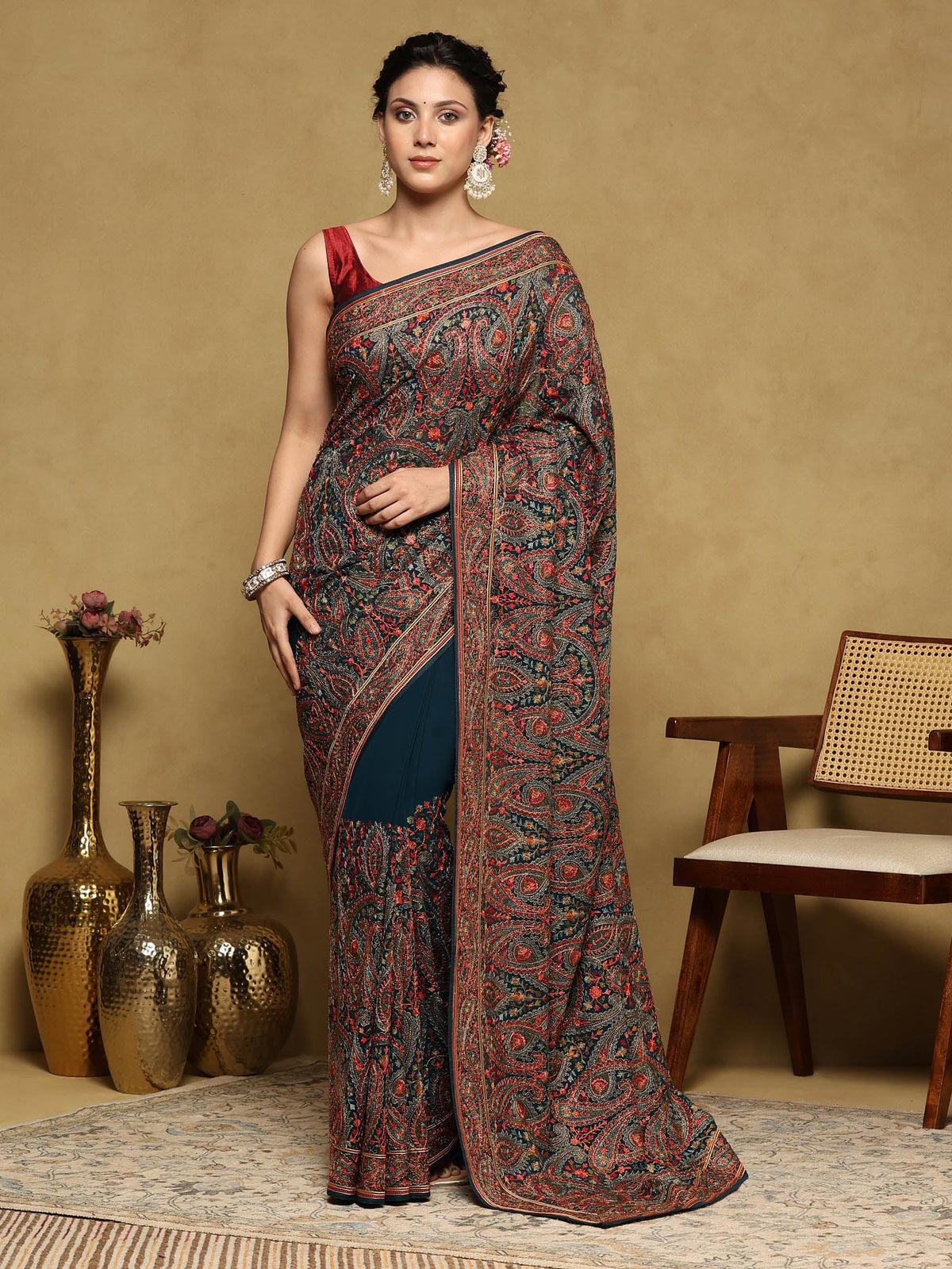 Peacock Blue Embroidered Georgette Saree