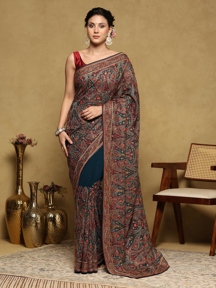 Peacock Blue Embroidered Georgette Saree