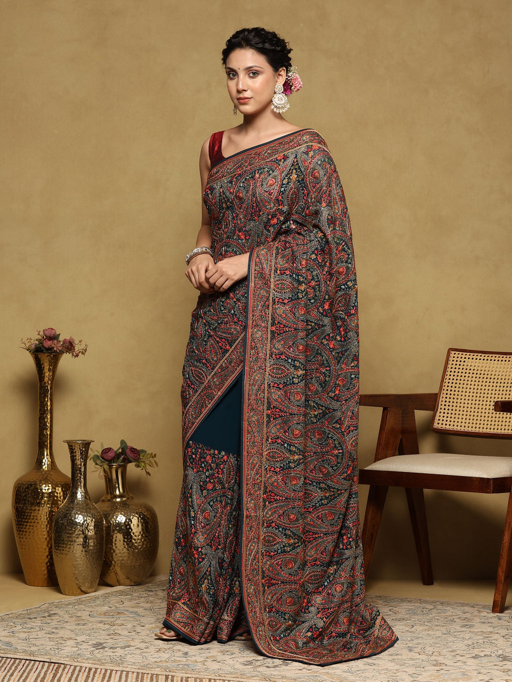Peacock Blue Embroidered Georgette Saree