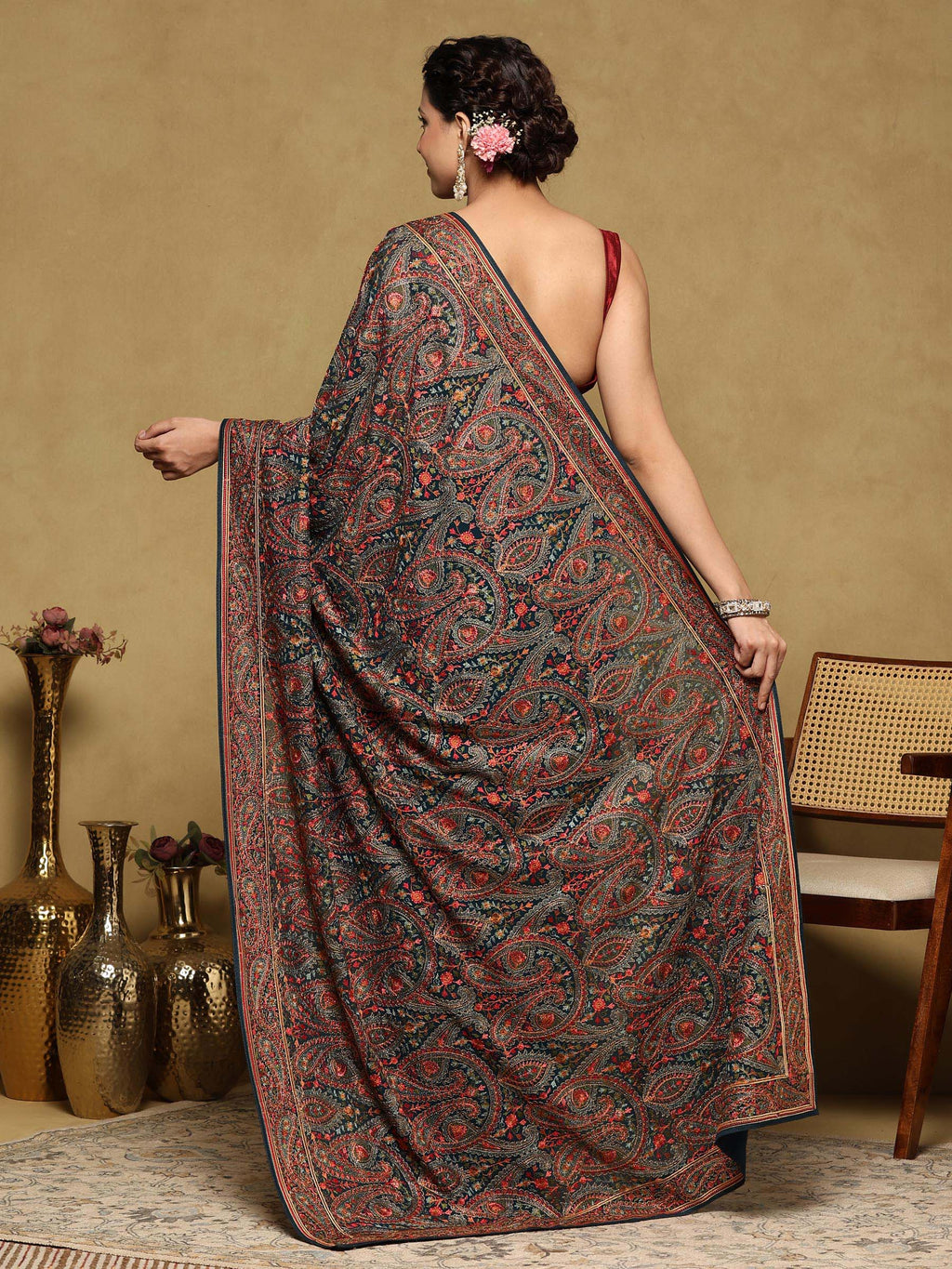 Peacock Blue Embroidered Georgette Saree