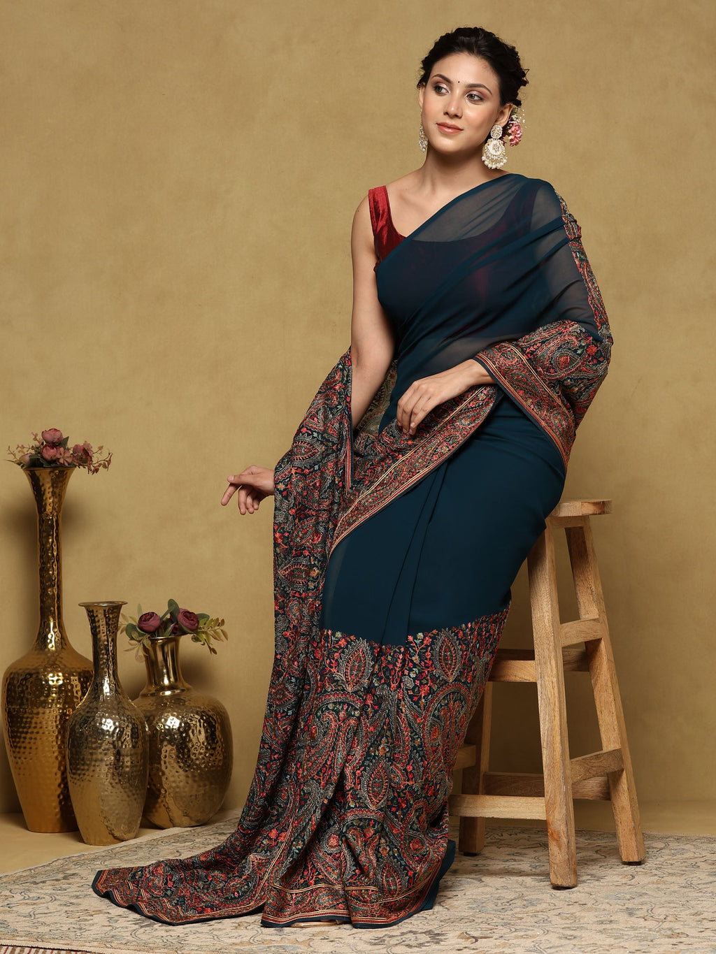 Peacock Blue Embroidered Georgette Saree