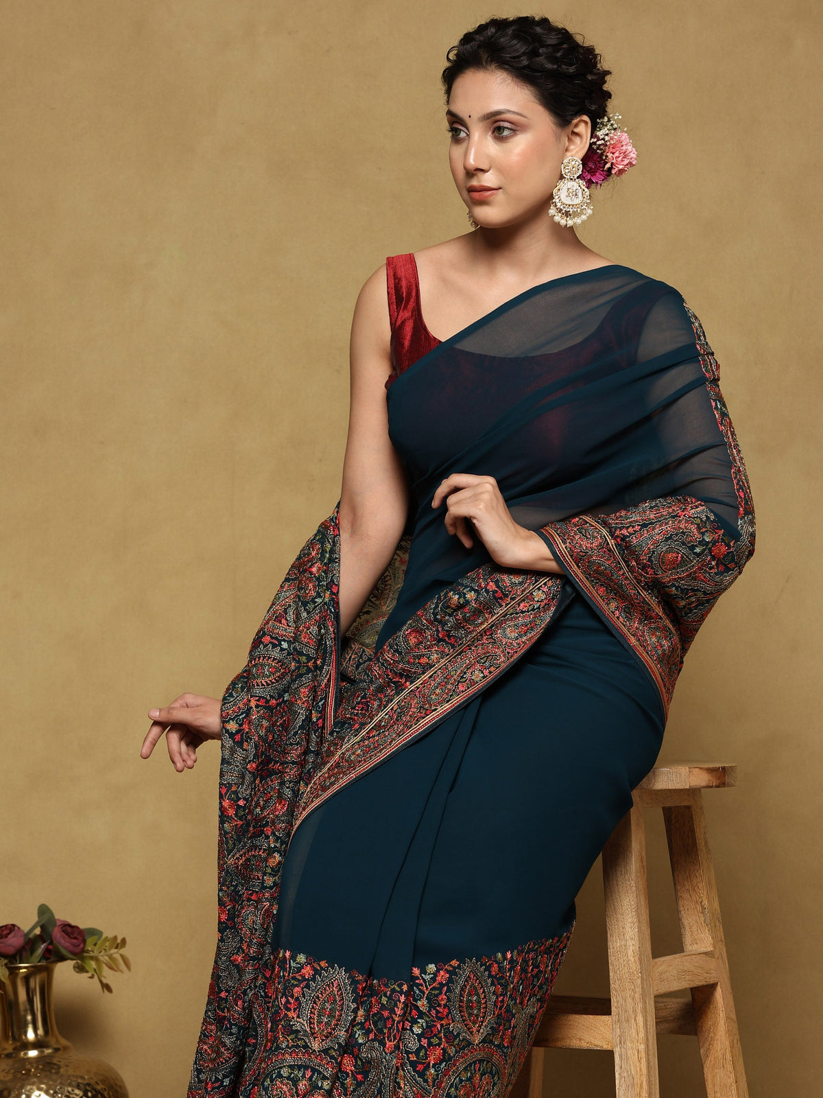 Peacock Blue Embroidered Georgette Saree