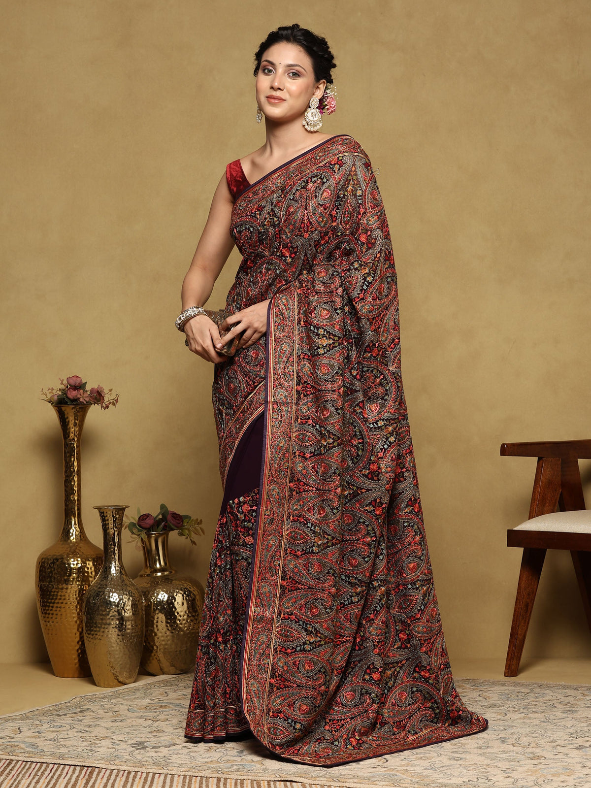 Purple Embroidered Georgette Saree