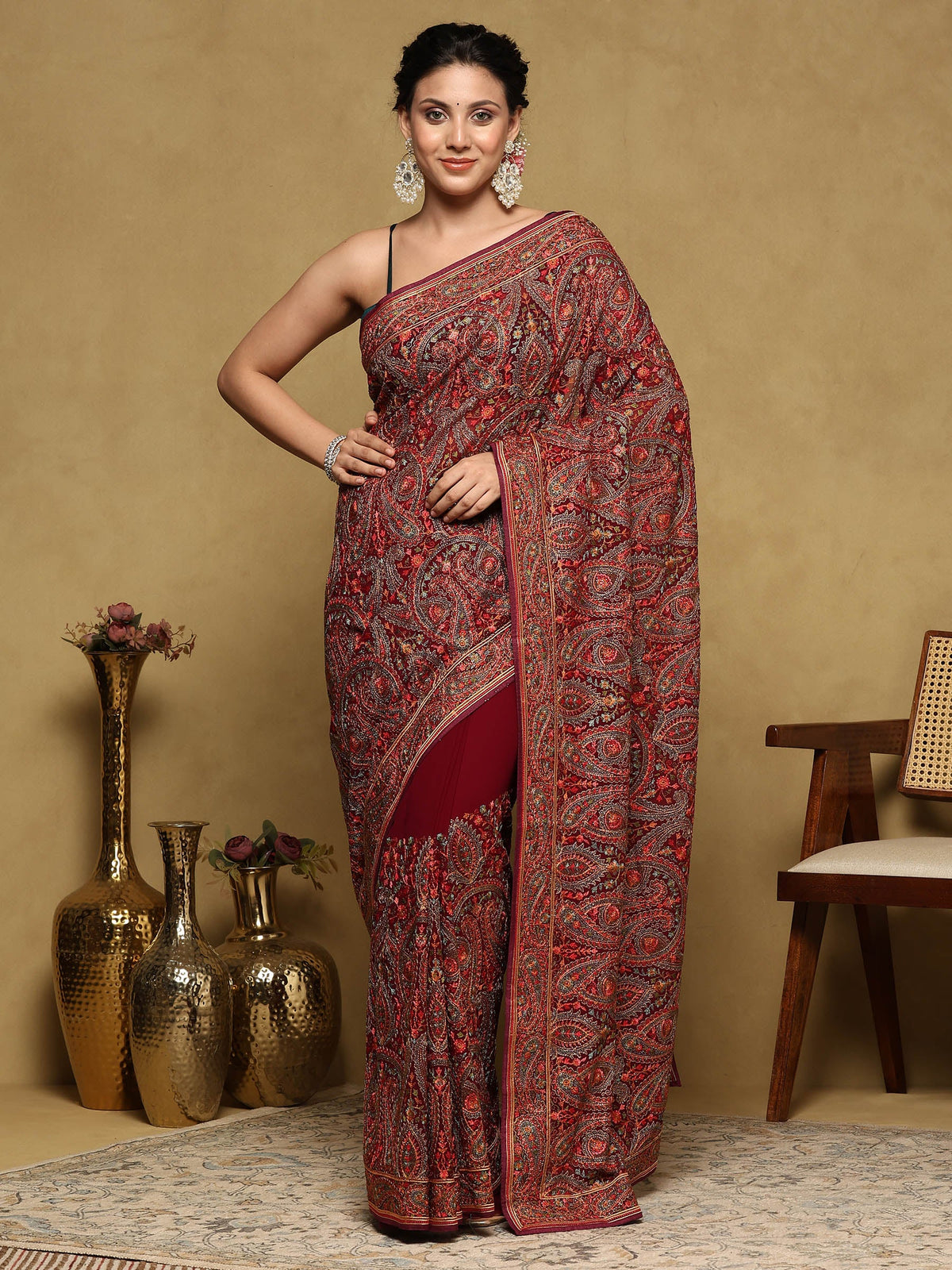 Wine Embroidered Georgette Saree