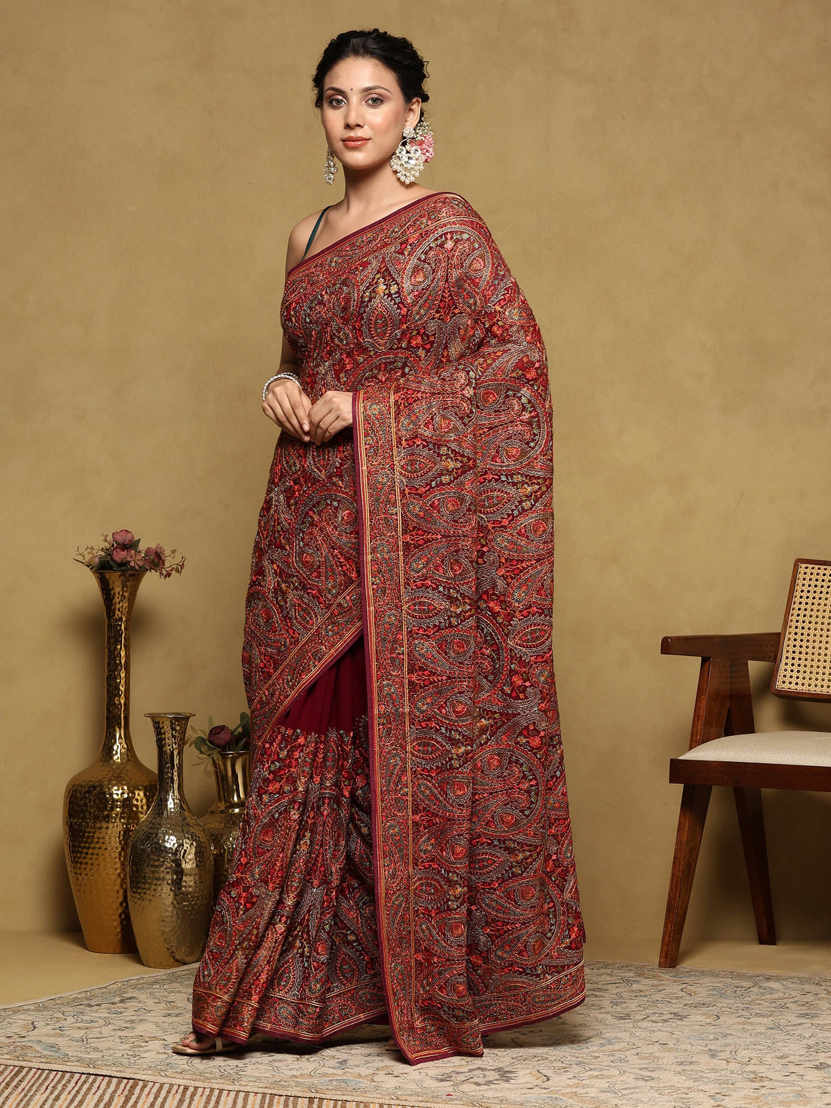Wine Embroidered Georgette Saree