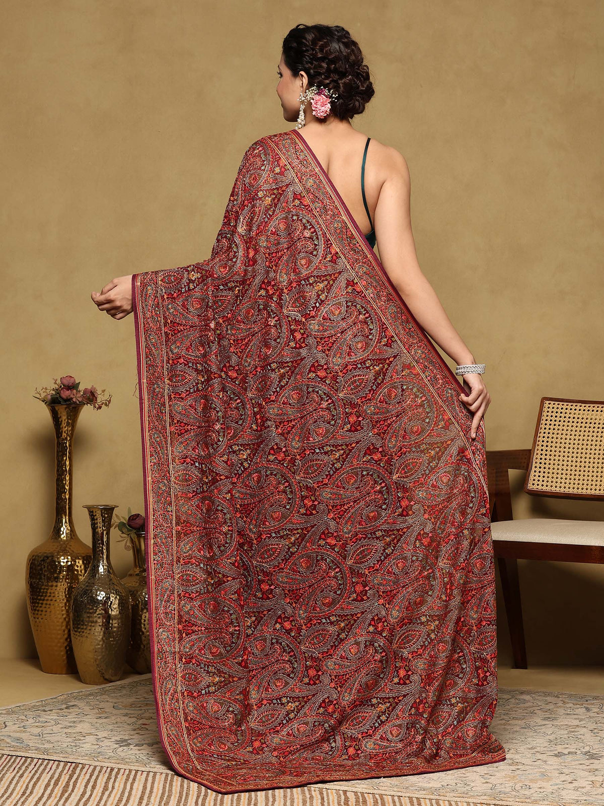 Wine Embroidered Georgette Saree
