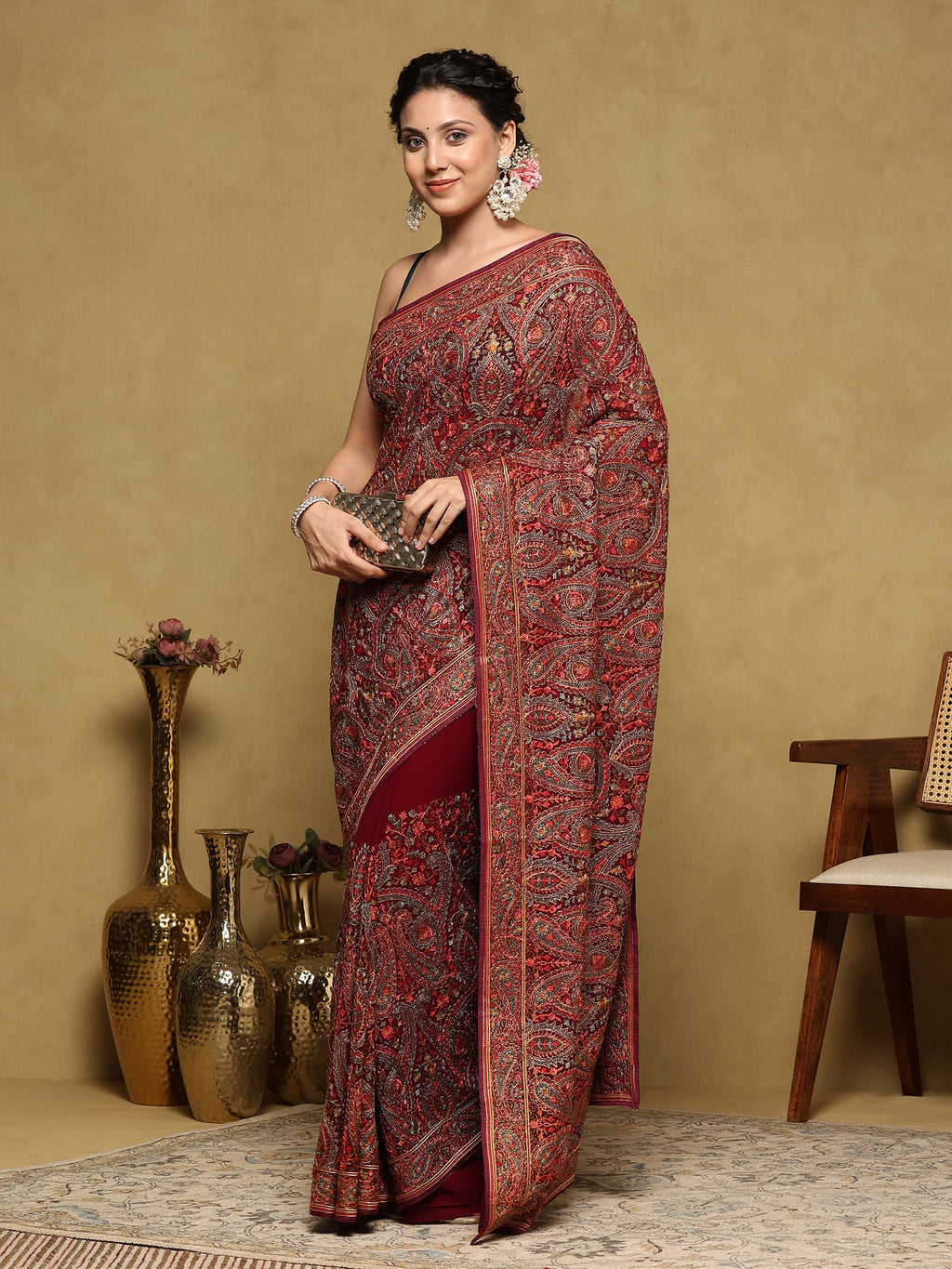 Wine Embroidered Georgette Saree