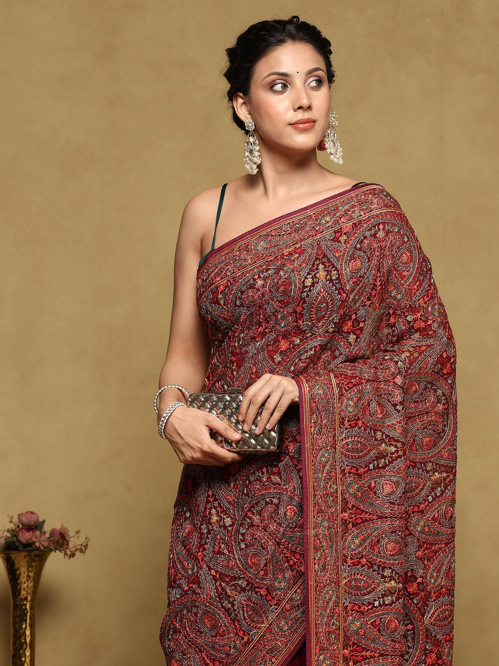 Wine Embroidered Georgette Saree