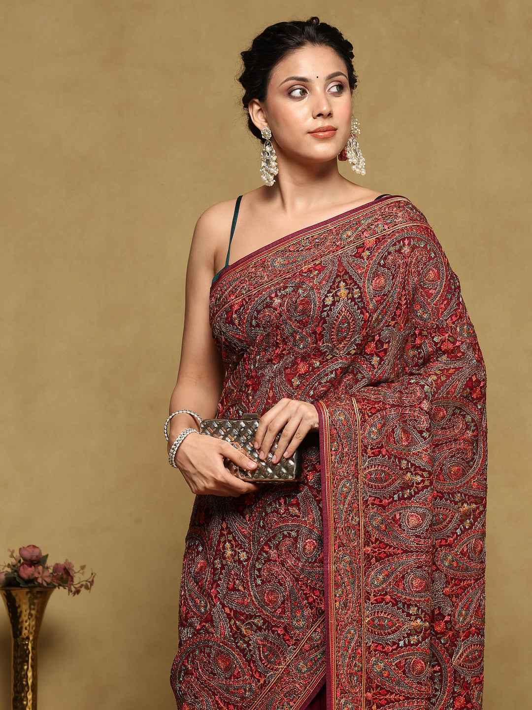 Wine Embroidered Georgette Saree