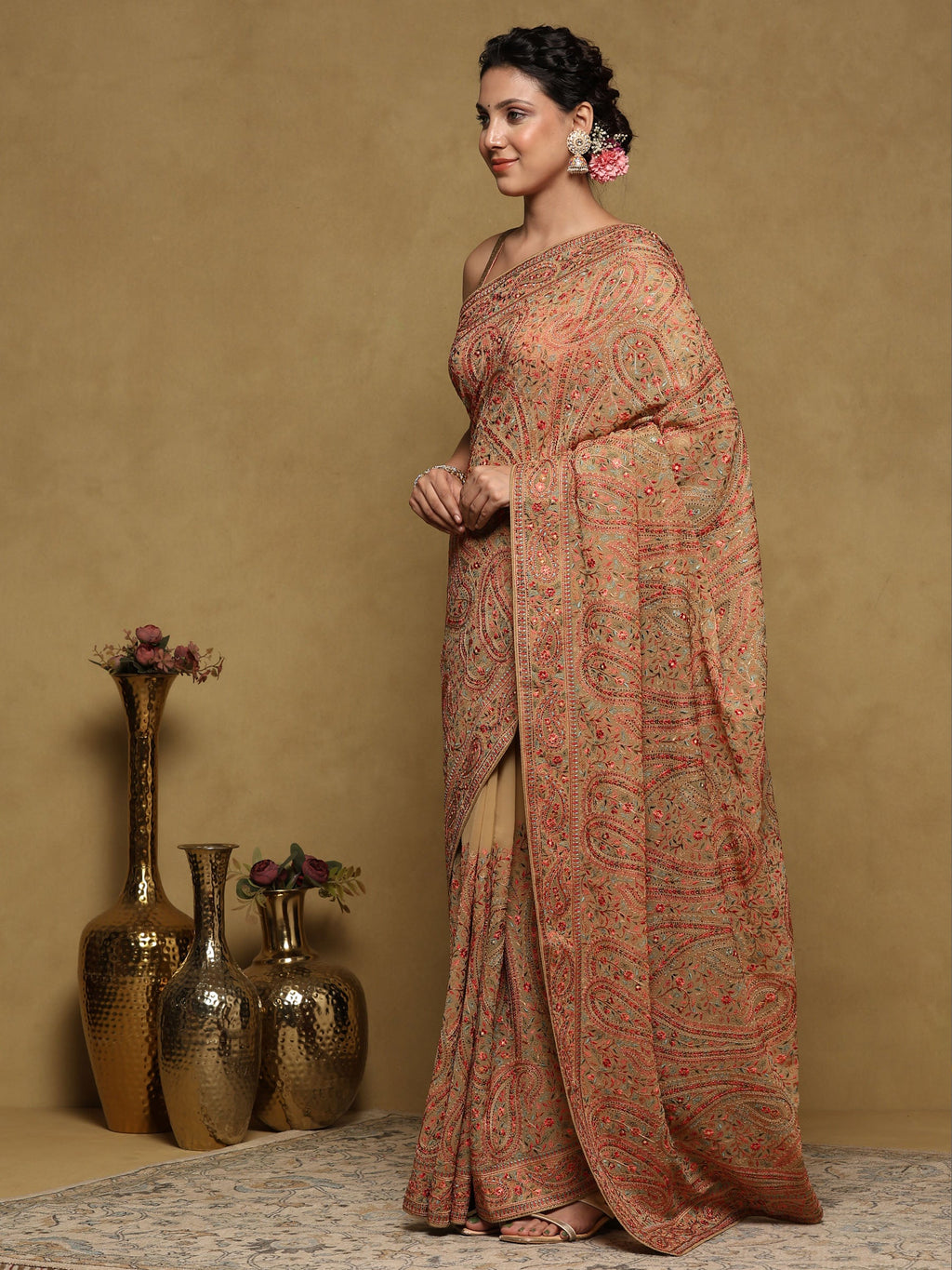 Beige Embroidered Georgette Saree