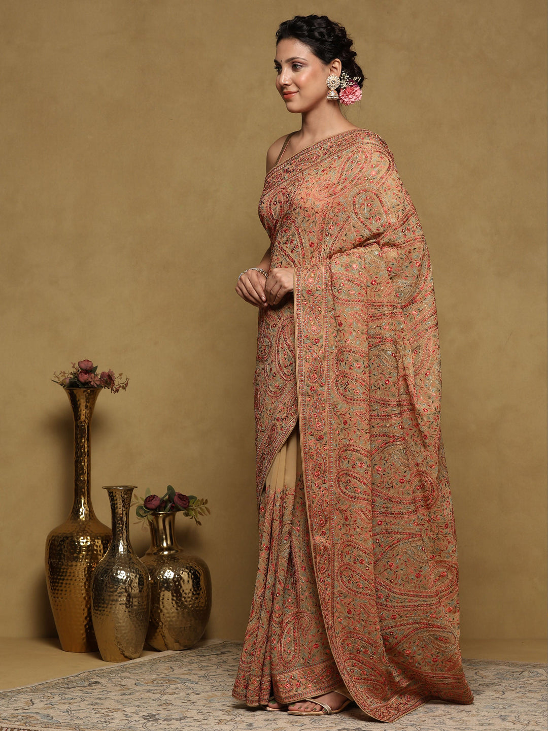 Beige Embroidered Georgette Saree