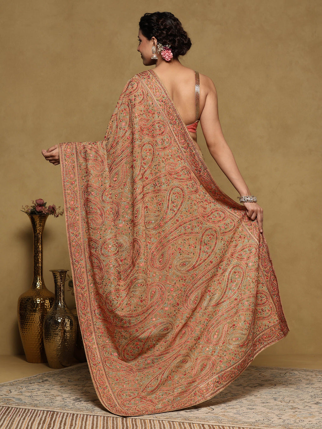 Beige Embroidered Georgette Saree