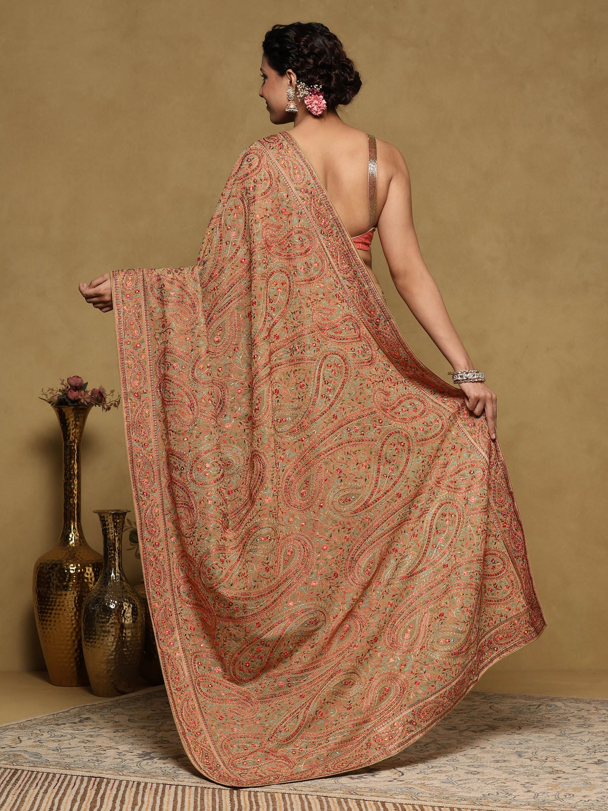 Beige Embroidered Georgette Saree