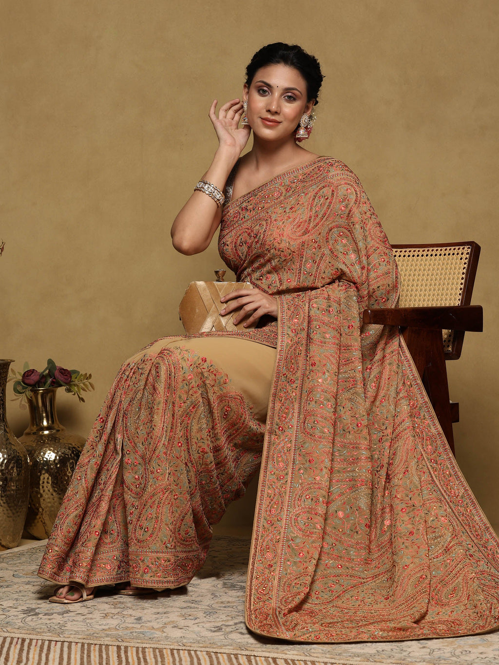 Beige Embroidered Georgette Saree