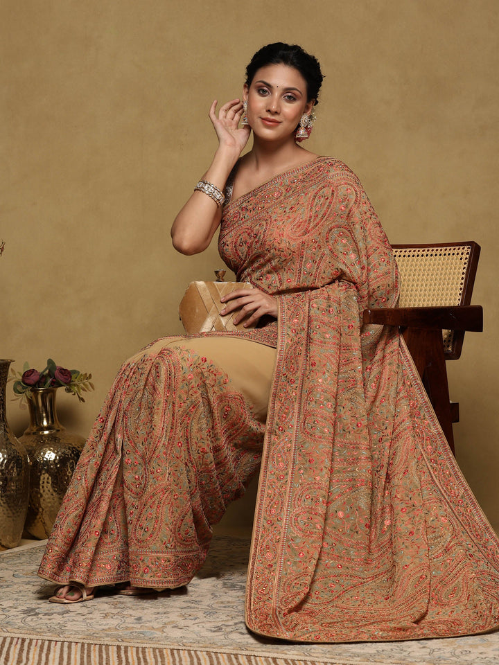 Beige Embroidered Georgette Saree