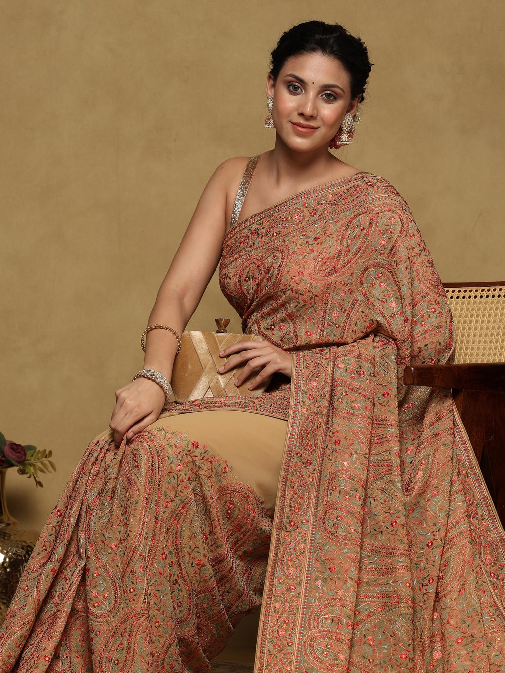 Beige Embroidered Georgette Saree