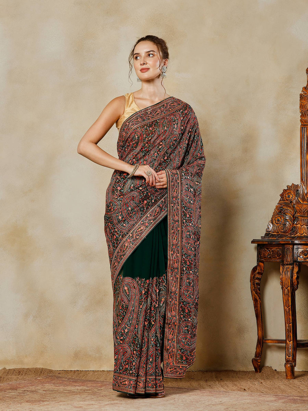 Bottle Green Embroidered Georgette Saree