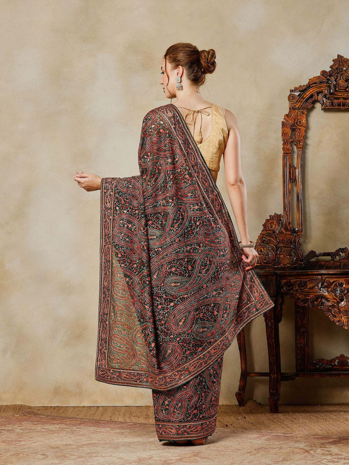 Bottle Green Embroidered Georgette Saree