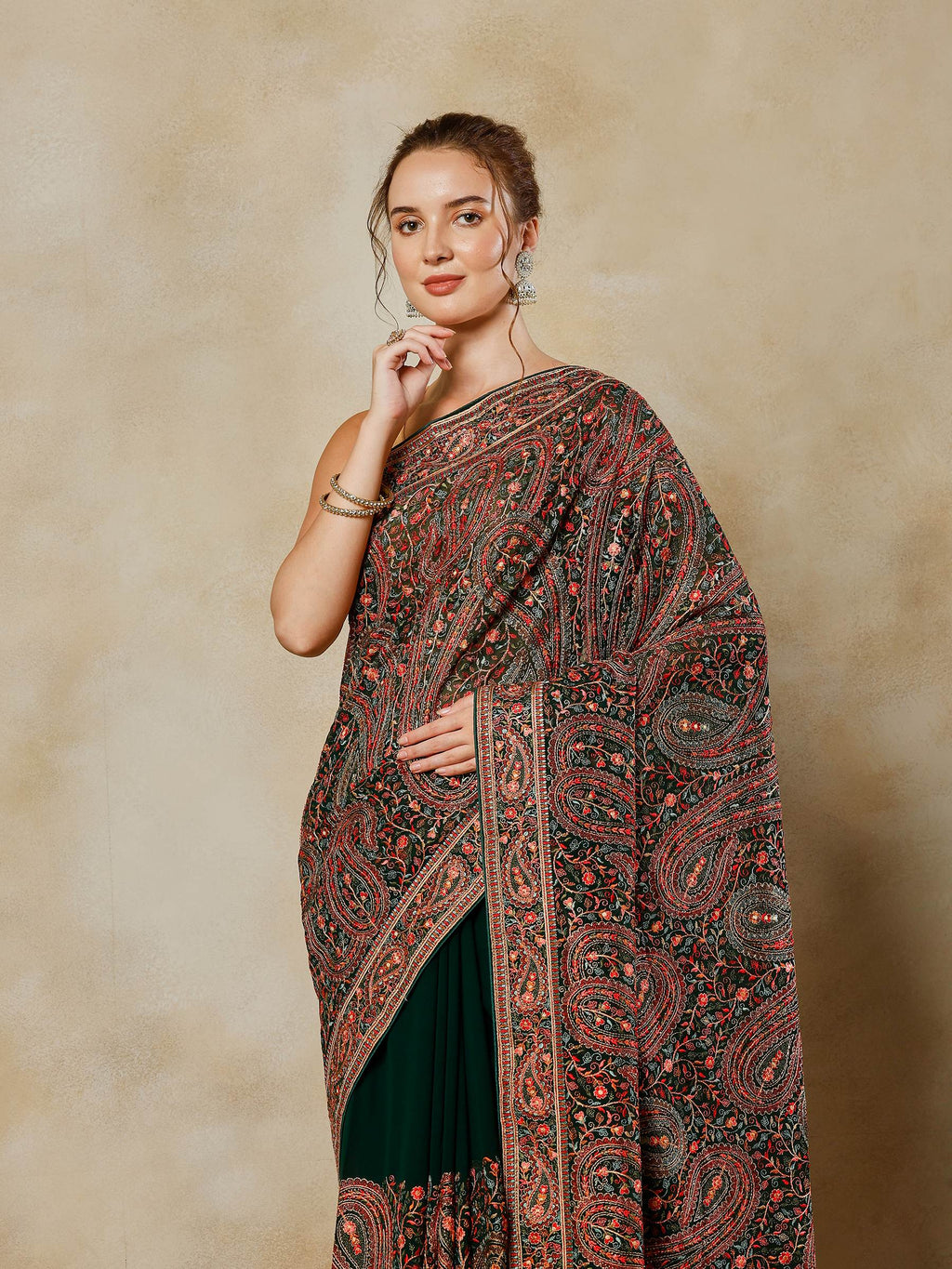 Bottle Green Embroidered Georgette Saree
