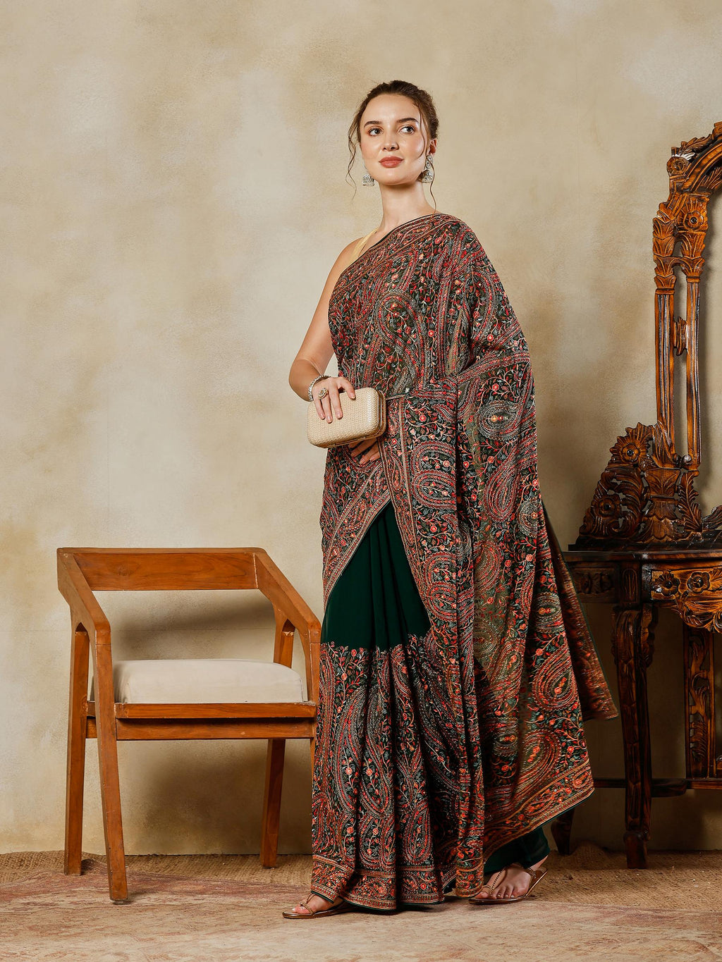 Bottle Green Embroidered Georgette Saree