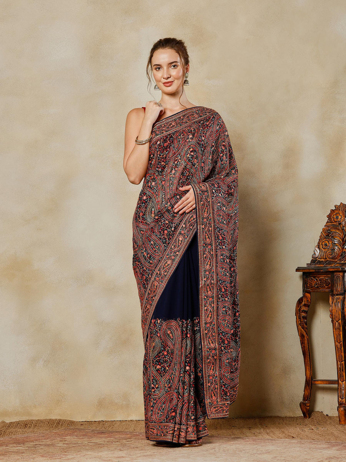Navy Blue Embroidered Georgette Saree