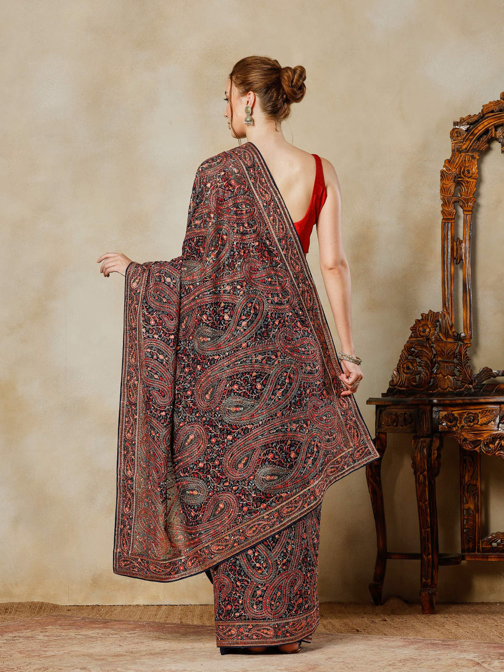 Navy Blue Embroidered Georgette Saree