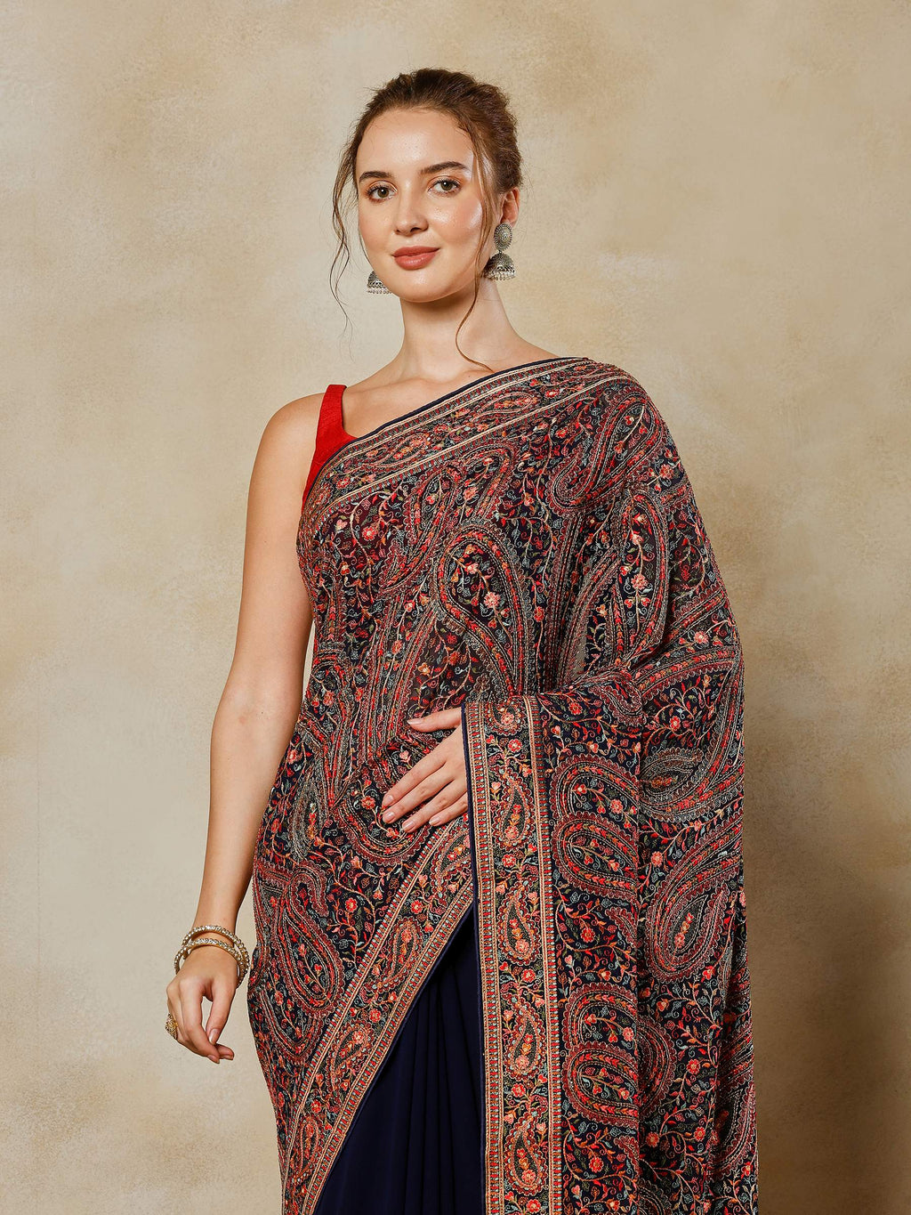 Navy Blue Embroidered Georgette Saree