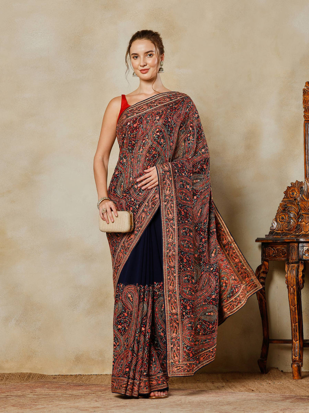 Navy Blue Embroidered Georgette Saree