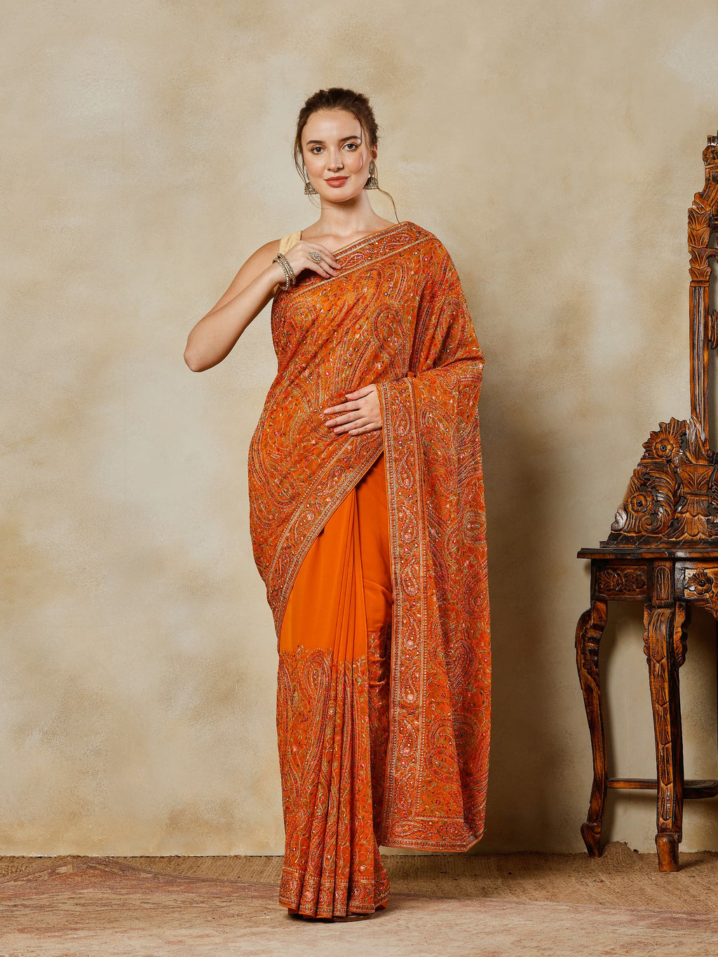 Orange Embroidered Georgette Saree