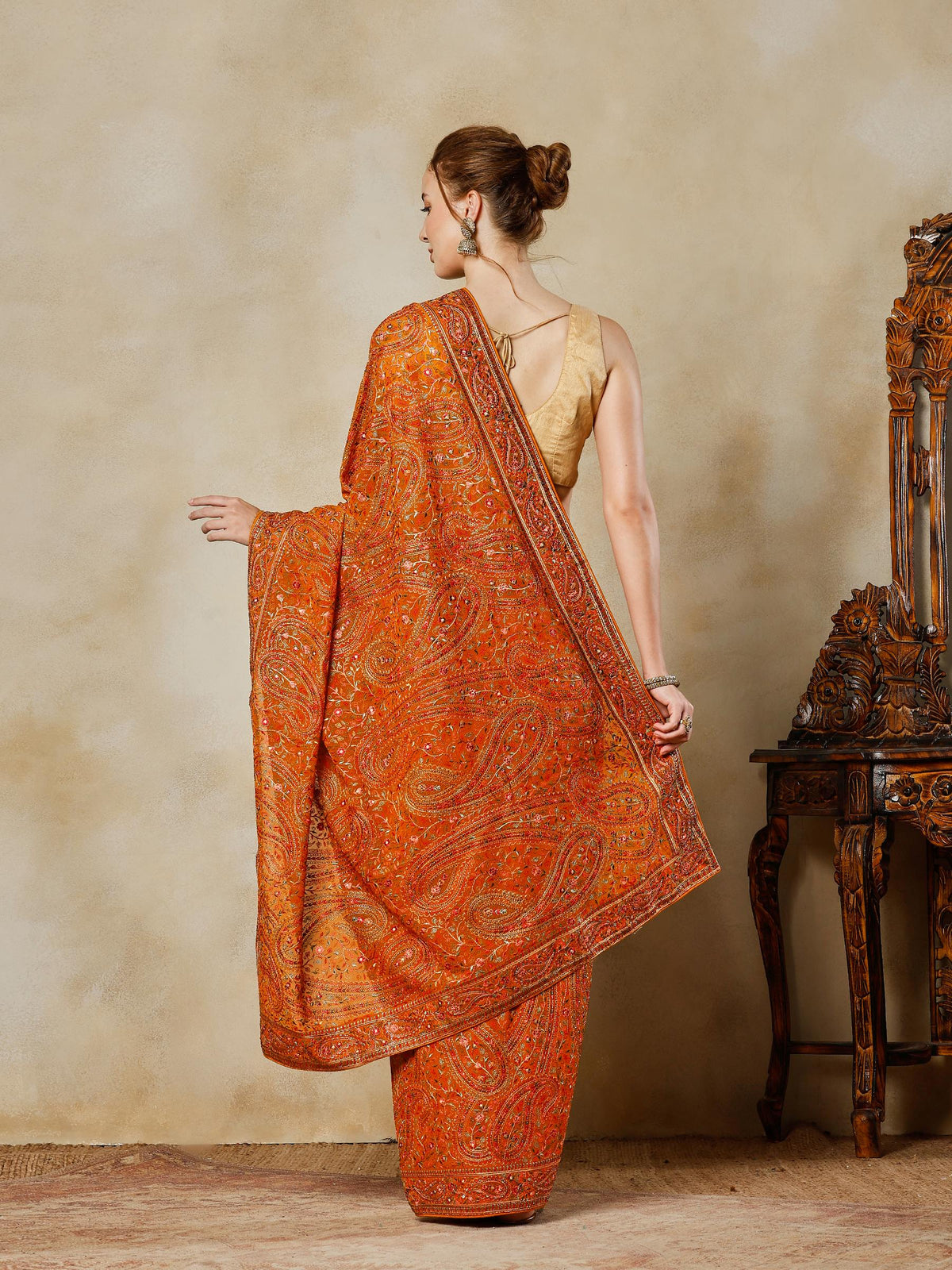 Orange Embroidered Georgette Saree