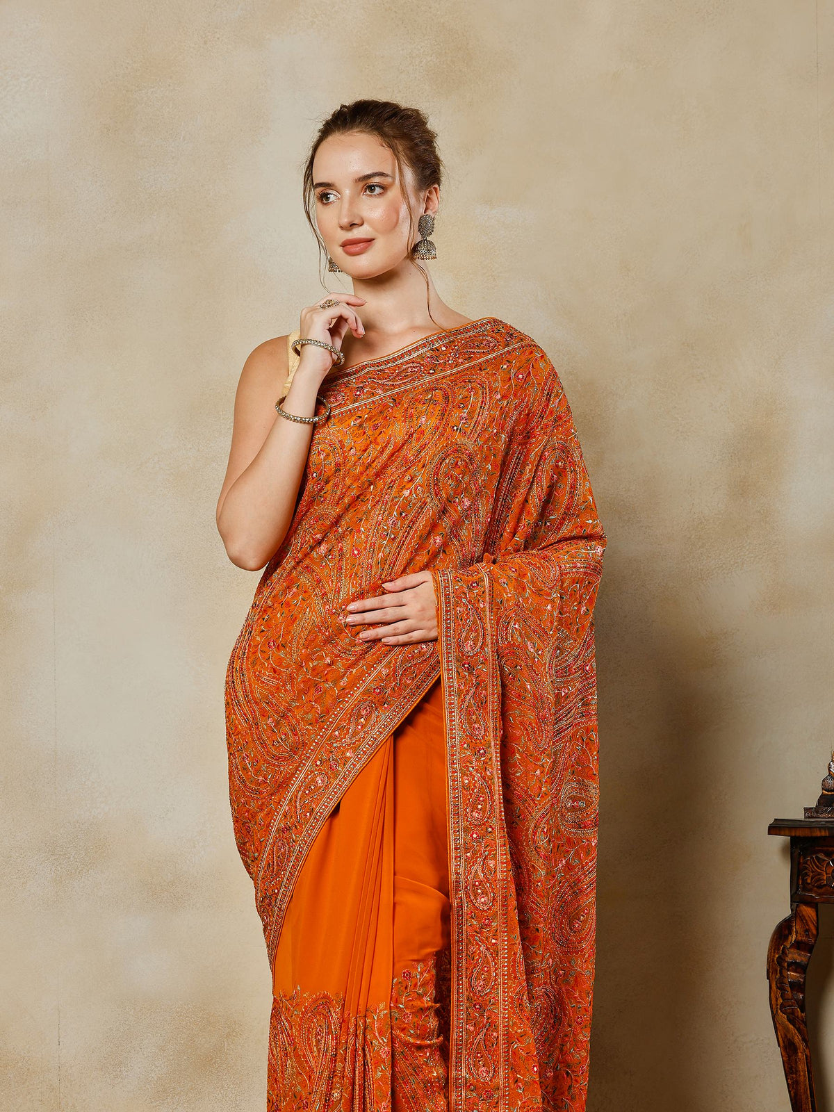 Orange Embroidered Georgette Saree
