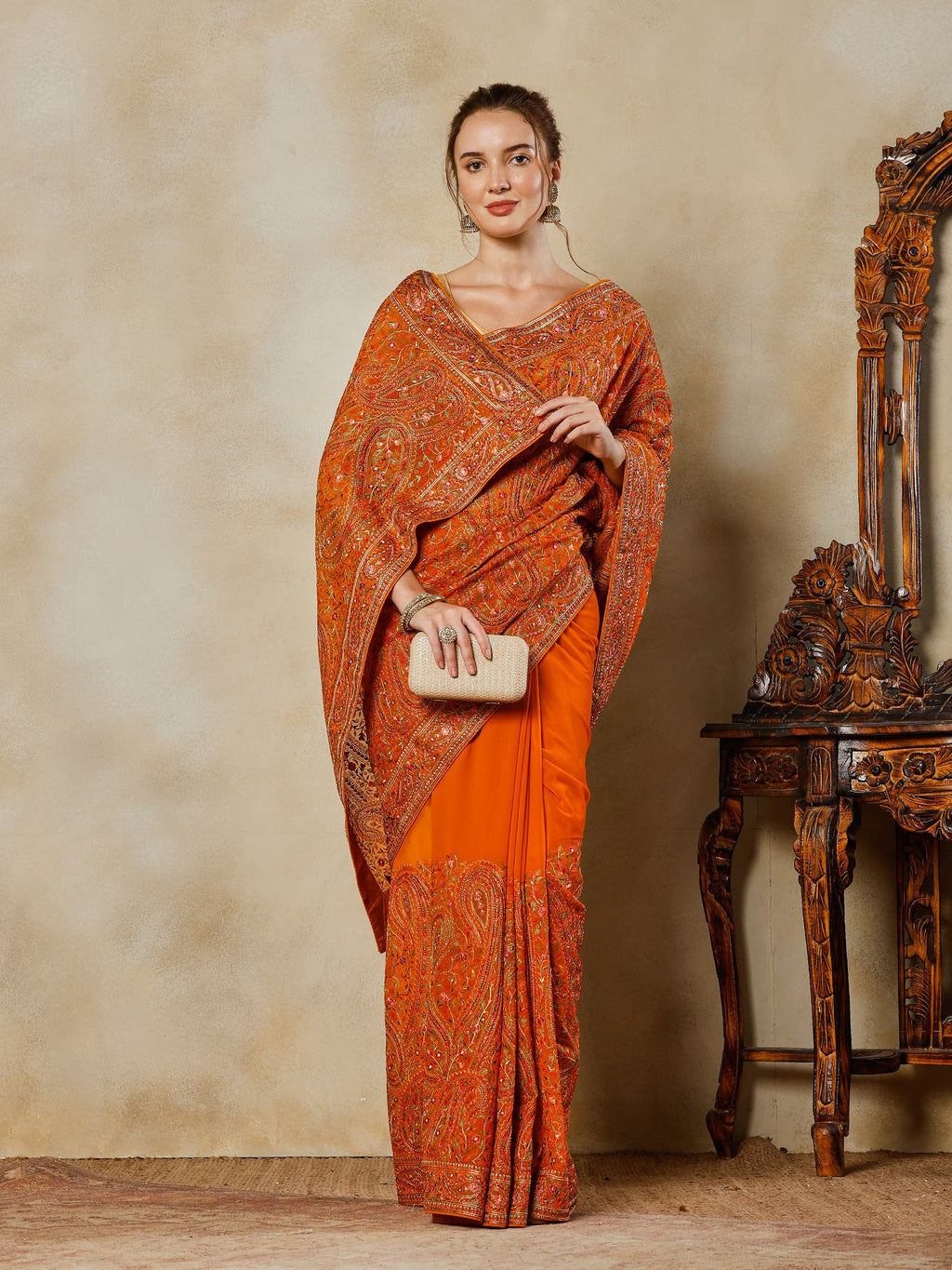 Orange Embroidered Georgette Saree