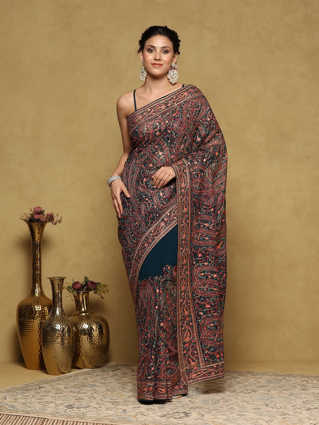 Peacock Blue Embroidered Georgette Saree