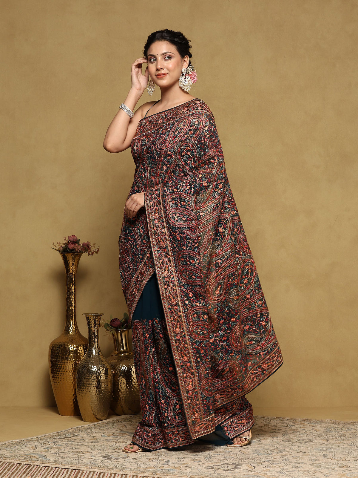 Peacock Blue Embroidered Georgette Saree