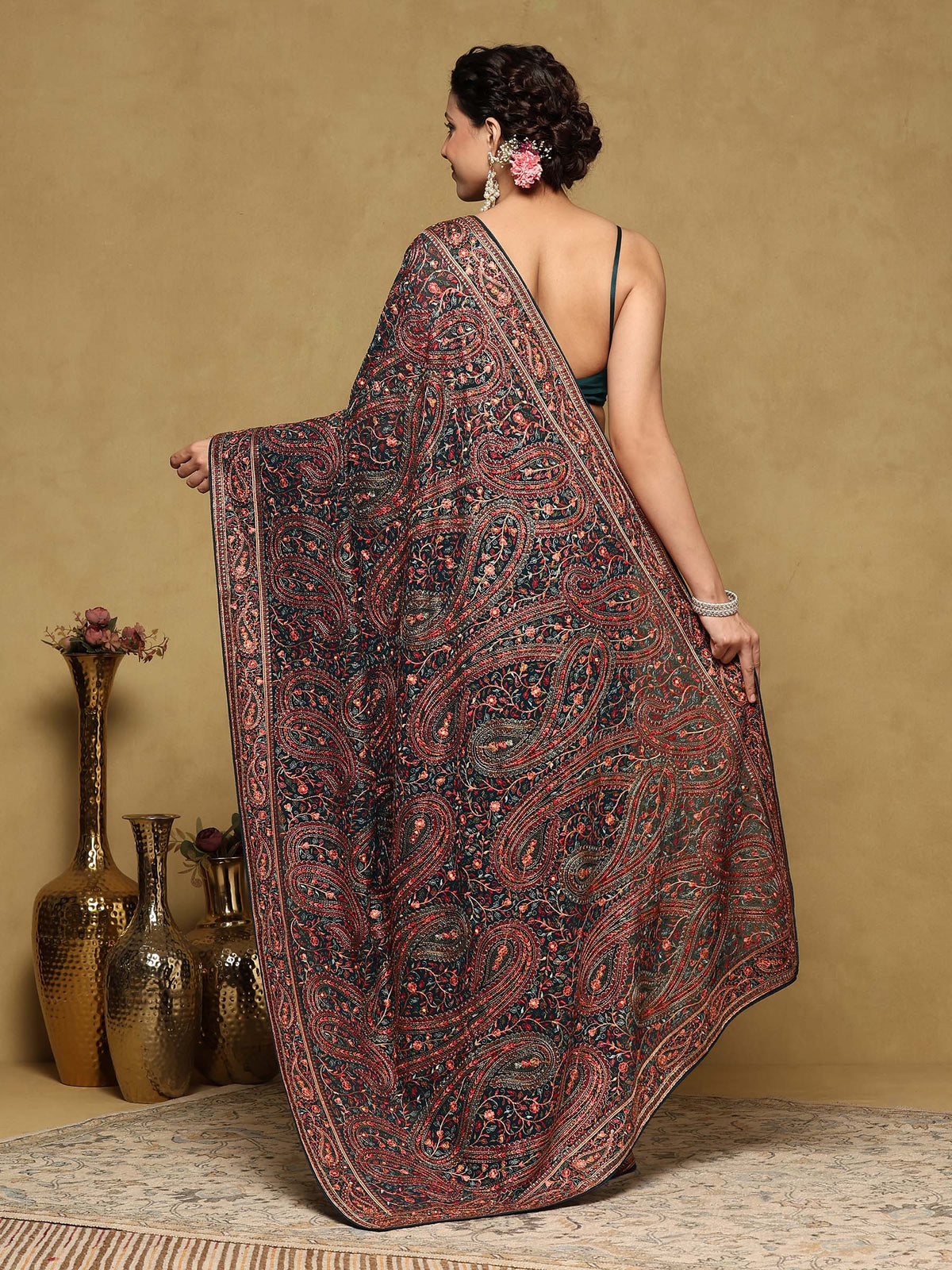 Peacock Blue Embroidered Georgette Saree