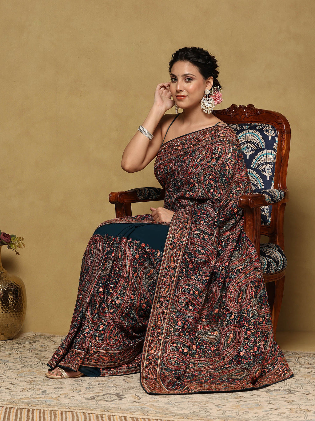 Peacock Blue Embroidered Georgette Saree