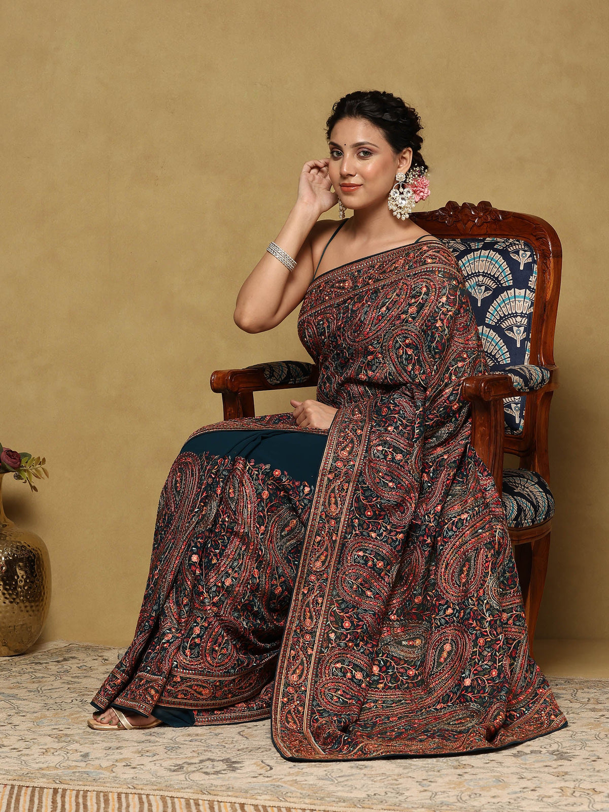 Peacock Blue Embroidered Georgette Saree