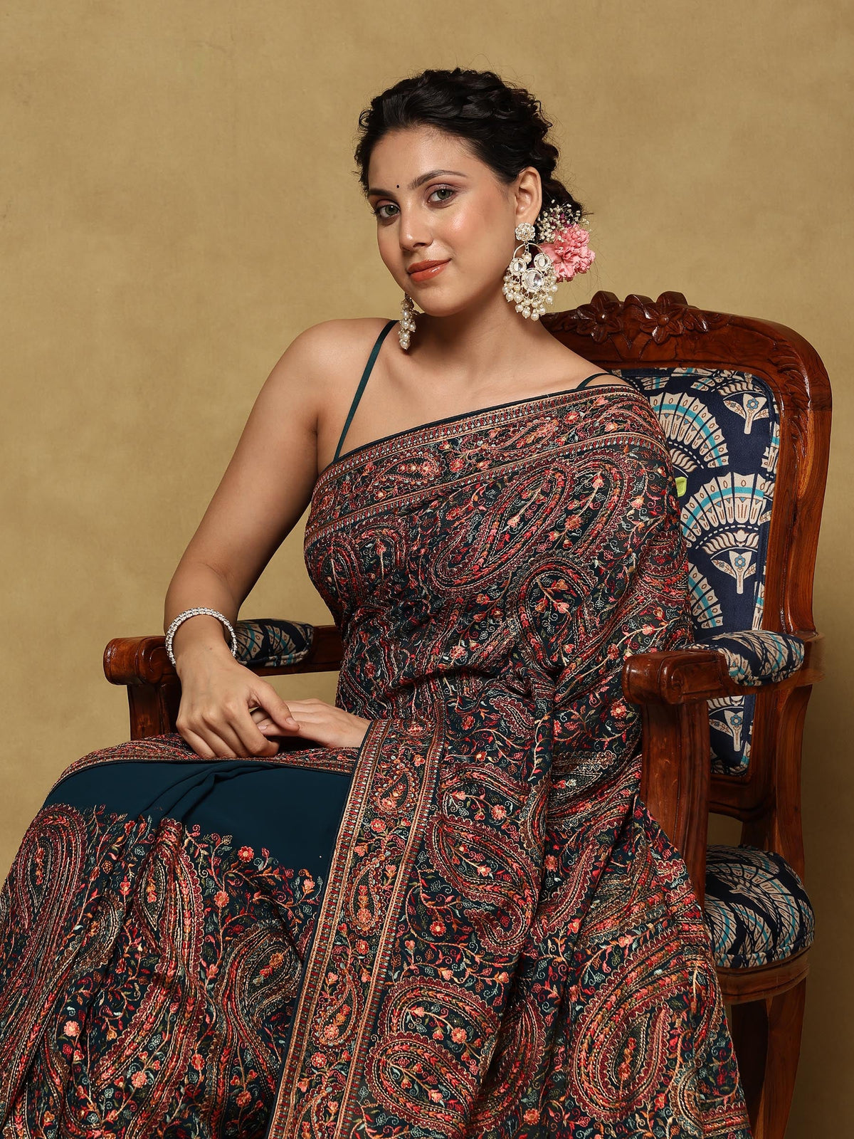 Peacock Blue Embroidered Georgette Saree