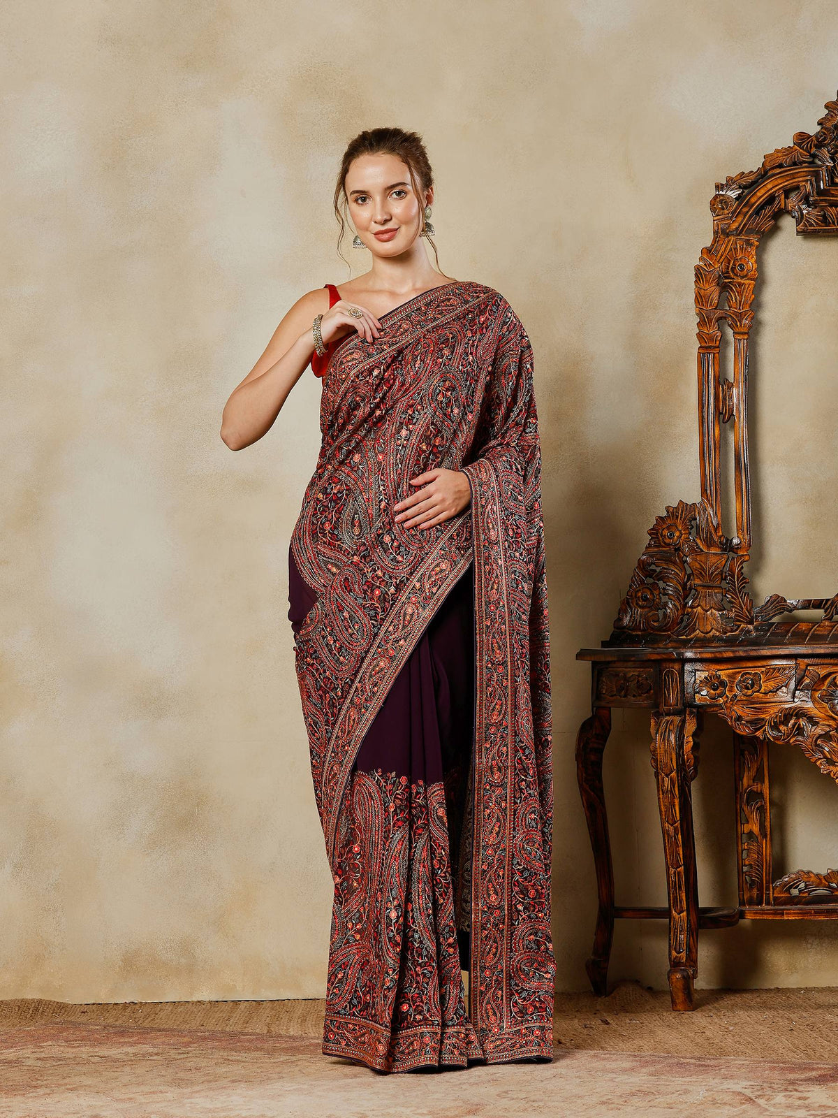 Purple Embroidered Georgette Saree