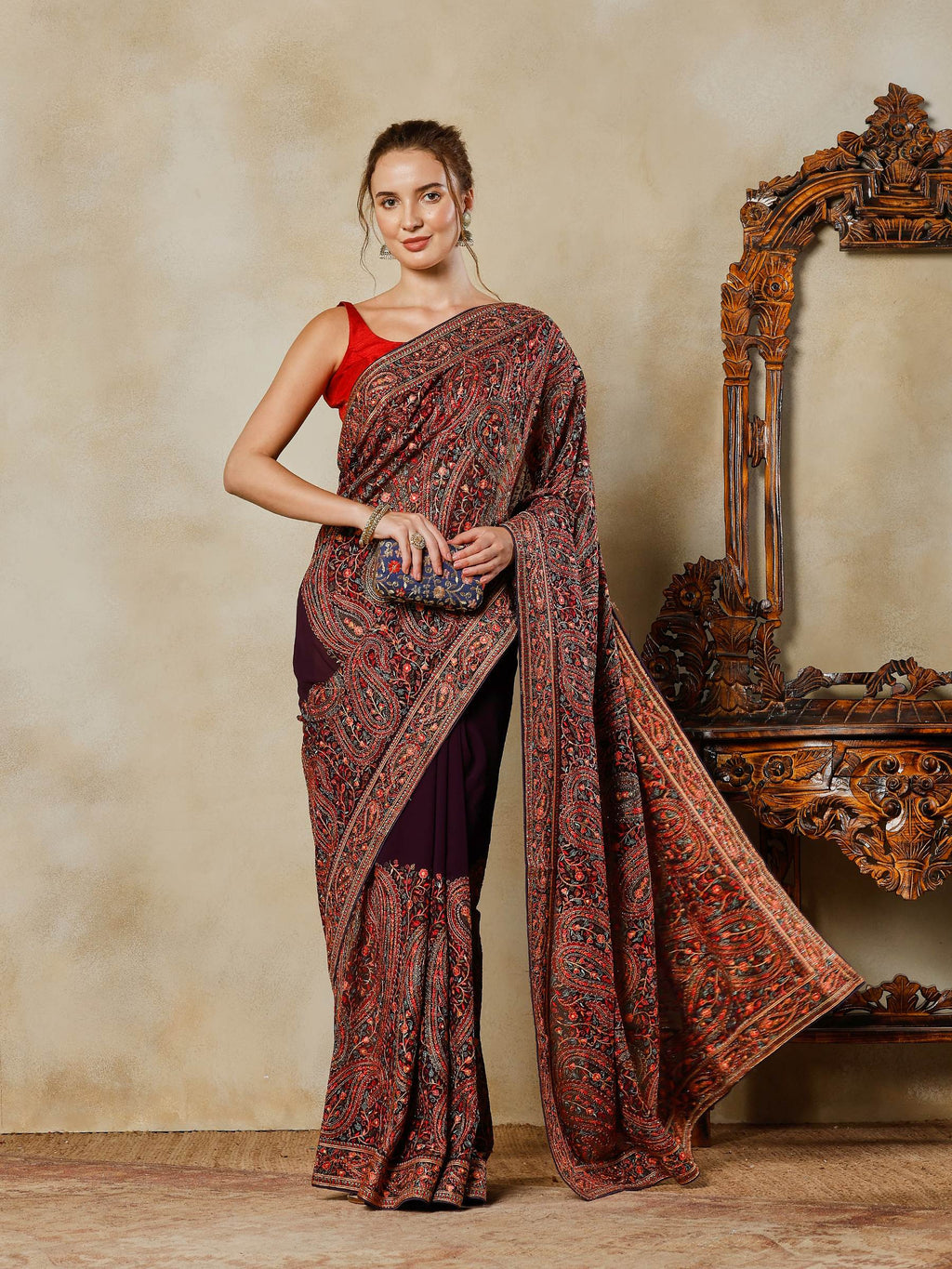 Purple Embroidered Georgette Saree